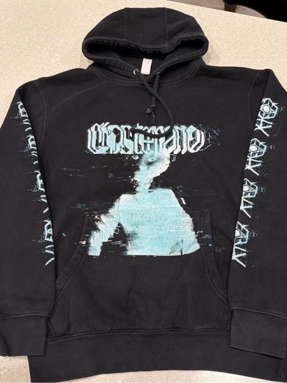 Men's Black Crewneck Hoodie with Aqua Graphic